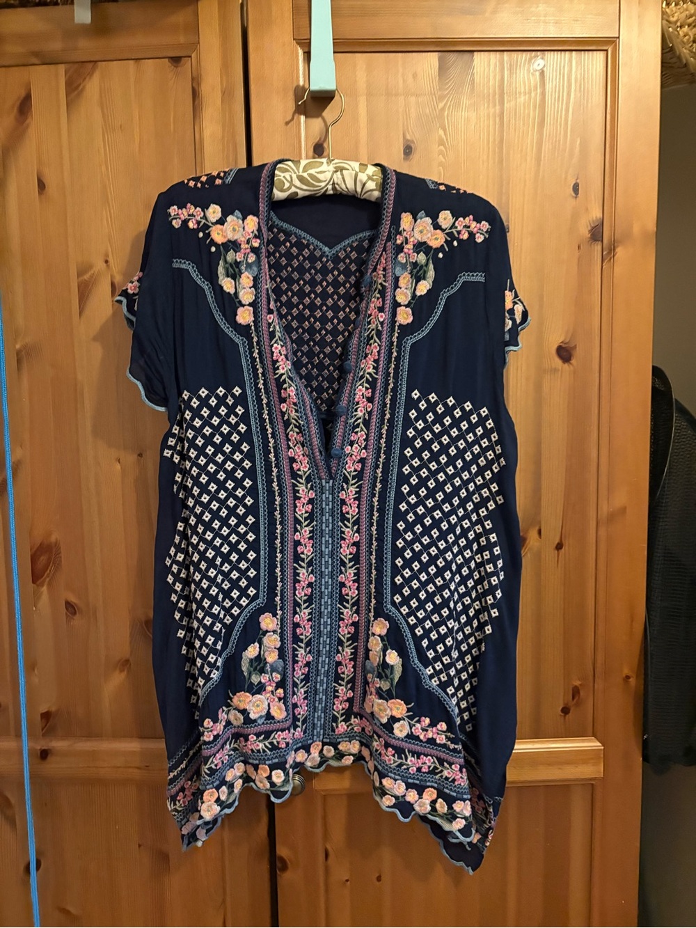 Johnny Was Navy Embroidered Floral V-Neck Tunic
